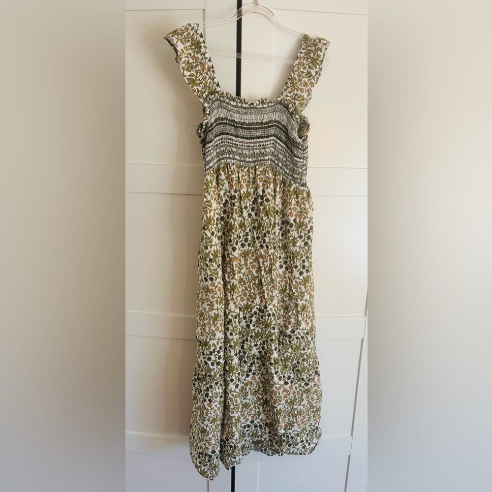 Harlow & Rose Ruched Maxi Dress Green and Brown Floral Spring Feminine Large